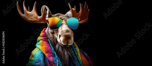 Fabulous male bull moose with multicolored shades and hoodie on black background.  Image created with generative ai.  