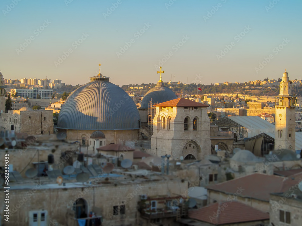 Holy Sepulchre Church Dome. The view from Jerusalem to the Mount of Olives provides a unique perspective on the city, showcasing its history and significance in a new light.