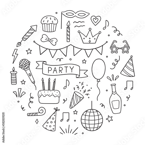 Set of party doodle. Sketch of Birthday decoration, cake, party hats in sketch style. Hand drawn vector illustration isolated on white background.