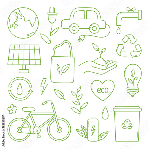 Ecology doodle set. Green energy, nature protection, zero waste, eco friendly concept. Vector illustration isolated on white background.