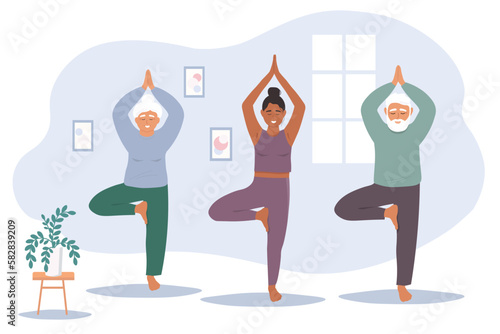 Elderly people repeat yoga movements after the trainer. Gymnastics, sports in the group. Active life granny. Vector flat graphics.
