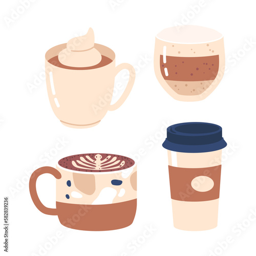 Set of Ceramic and Carton Disposable Cups Brimming With Freshly Brewed Coffee with Foam Decor Isolated Icons