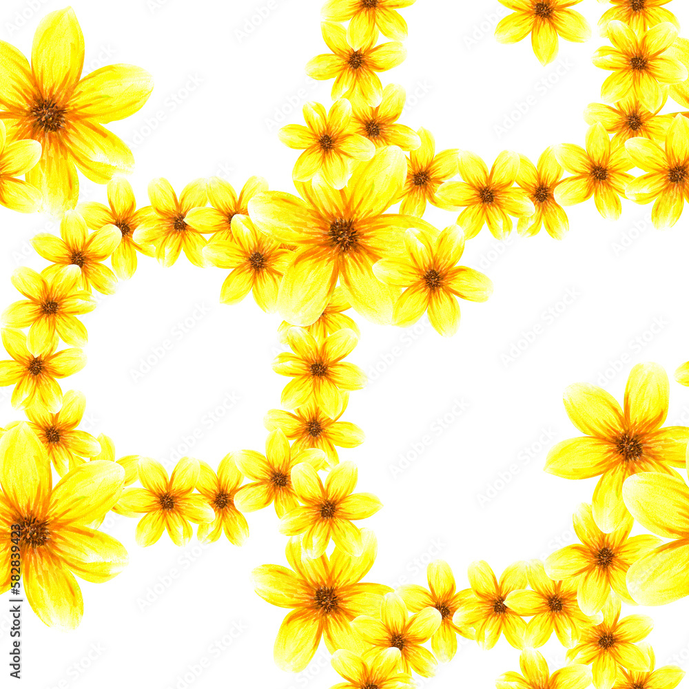 Seamless pattern with flowers. Watercolor abstract bright summer yellow flowers. Isolated objects on white background
