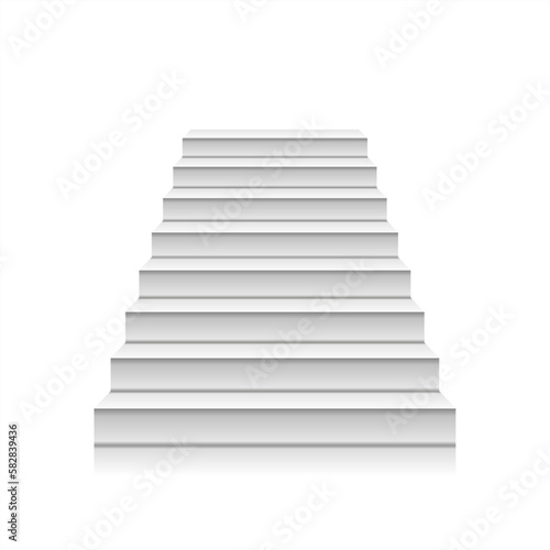 White staircase realistic illustration  isolated on white background. Front view of white staircase. Steps up. A symbol of the Achievements. Blank mockup for platform or podium.