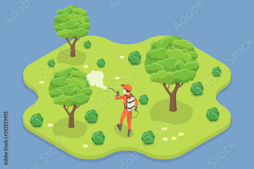 3D Isometric Flat Vector Conceptual Illustration of Pesticide Spraying, Pest Control and Chemical Treatment of Plants