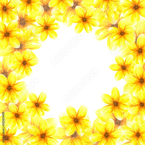 Frame with flowers. Watercolor abstract bright summer yellow flowers and leaves. Isolated objects on white background