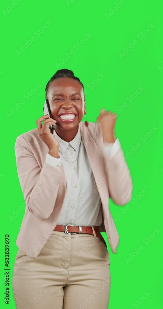Black woman with phone call, winner with fist pump on green screen, celebration for job promotion and excited. Cheers, achievement and yes for win, happy business female on studio background Black woman with phone call, winner with fist pump on green screen, celebration for job promotion and excited. Cheers, achievement and yes for win, happy business female on studio background