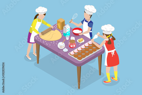 3D Isometric Flat Vector Conceptual Illustration of Kids Baking Cakes , Cooking Classes for Children