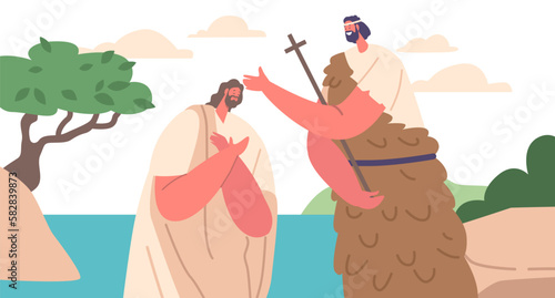 John The Baptist Character Baptizing Jesus In Serene River Biblical Scene Represent Christian Religious Historical Theme