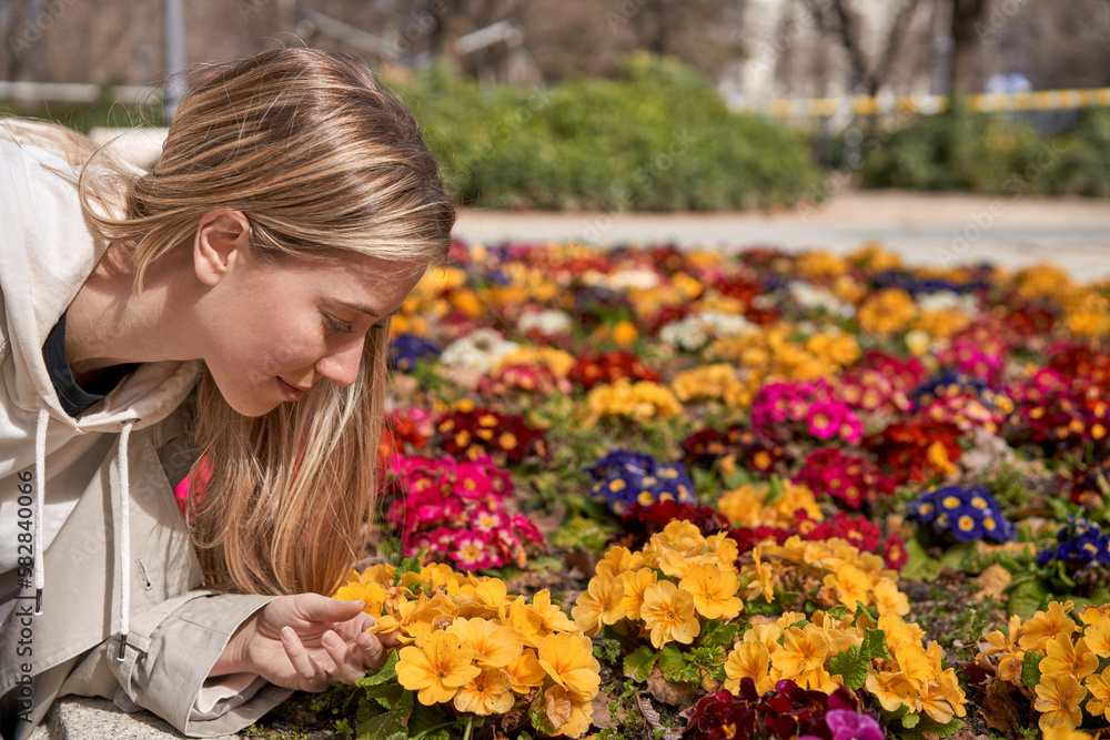 Fototapeta premium Enjoying spring's first blooms, a young Caucasian woman gently touches a flower.