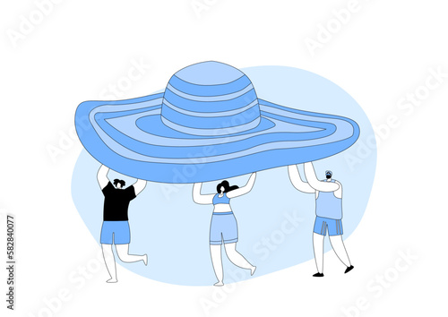 Summer Time Season, Vacation Concept. Tiny People Carry Huge Tropical Hat Enjoying Summertime Holiday, Relaxing on Beach