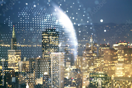 Photography Multi exposure of abstract graphic world map hologram on San Francisco office bu