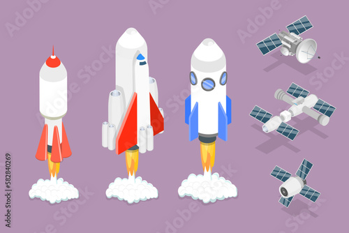 3D Isometric Flat Vector Set of Spacecraft Shuttles and Satellites, Exploration of Cosmos