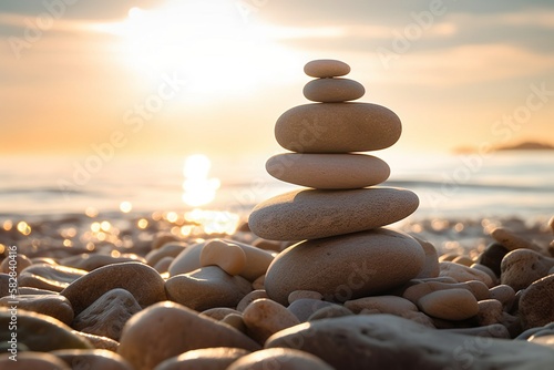 Balancing stones on a pebble beach. Generative AI.