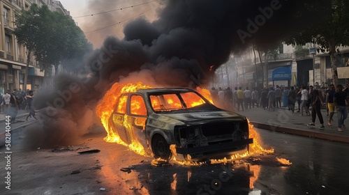 Car on fire after the protests. Generative AI. © Bargais