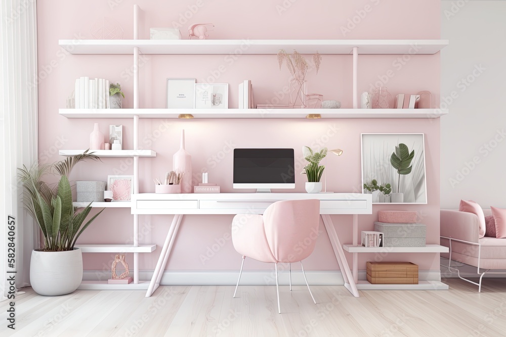 Female home office with pink and white décor, a mock up of a PC desktop screen on a wood table, a chic pink sofa, and shelves for decor on a white wall. Generative AI Female home office with pink and white décor, a mock up of a PC desktop screen on a wood table, a chic pink sofa, and shelves for decor on a white wall. Generative AI