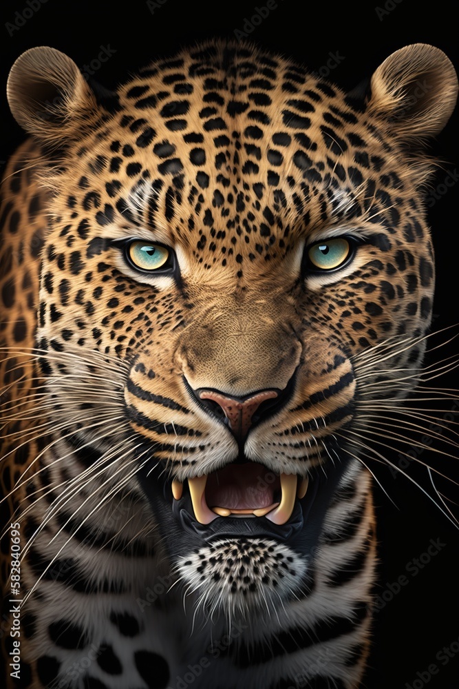 Naklejka premium Leopard face with mouth slightly open. Generative AI.