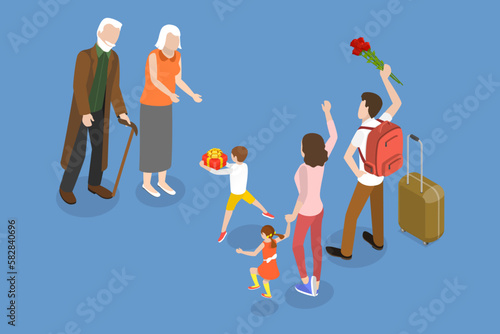 3D Isometric Flat Vector Conceptual Illustration of Meeting Family, Happy Grandchildren Visiting Grandparents