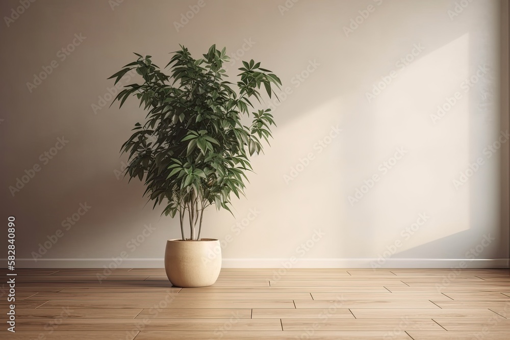 empty room with a wooden floor and a plant in a pot. Generative AI
