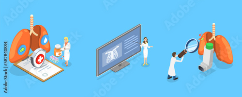 3D Isometric Flat Vector Conceptual Illustration of Lung Disease, Respiratory System Examination and Treatment