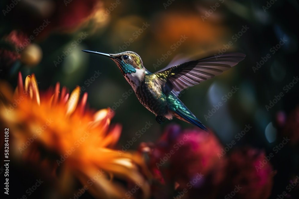 Fototapeta premium Humming bird hovering over a colorful, pollen filled flower. Generative AI.