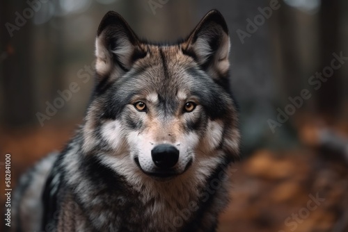 Wild beautiful grey wolf in a forest. Generative AI.
