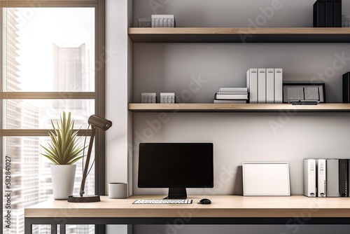 Wallpaper Mural a close up picture Working area in a contemporary, luxurious home with a portable laptop computer, a mock up white screen, and décor near contemporary built in shelving by the window. Generative AI Torontodigital.ca