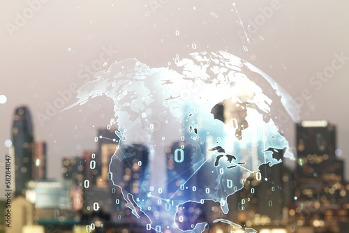 Multi exposure of abstract programming language hologram and world map on blurry office buildings background, artificial intelligence and neural networks concept
