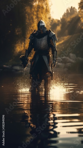 A knight with shiny armour walking through water. Generative AI. © Bargais