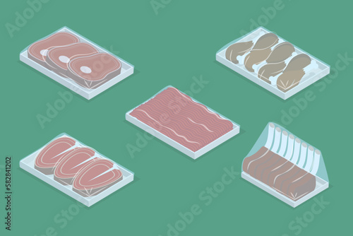 3D Isometric Flat Vector Set of Frozen Meat, Vacuum-packaged Food