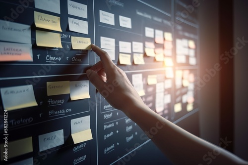 Agile software development or project management using kanban or scrum methodology boards. Process, workflow, visual organisation tools. Finger touching virtual interface. Generative AI. photo