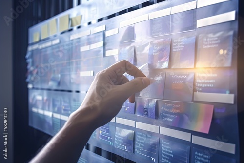 Agile software development or project management using kanban or scrum methodology boards. Process, workflow, visual organisation tools. Finger touching virtual interface. Generative AI.