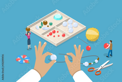 3D Isometric Flat Vector Conceptual Illustration of Making Jewelry, Craft Handmade Hobby