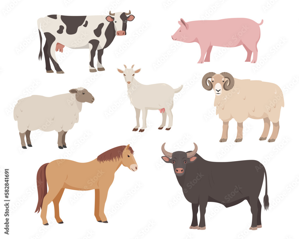 Farm or domestic animal icons isolated on white background. Set of farm animals in different poses and colors. Cow, bull, sheep, pig, ram horse and goat. Vector flat or cartoon illustration.