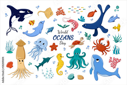 Cartoon sea animal Set. Vector illustration Oceans animals undersea world Oceans Day doodle elements