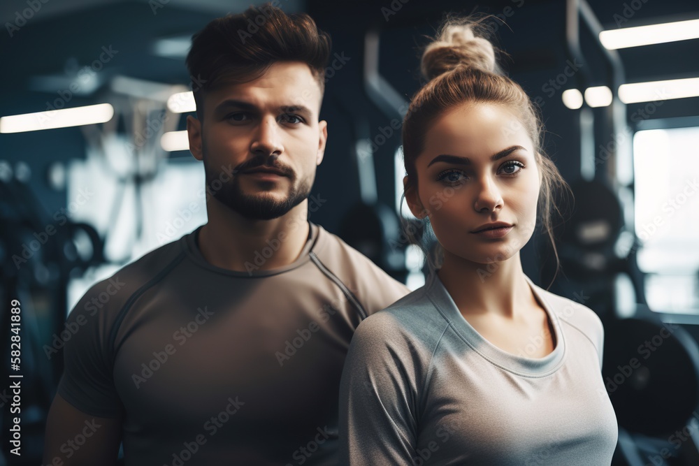 Couple portrait at the gym. Wellness and health care concept. Generative AI