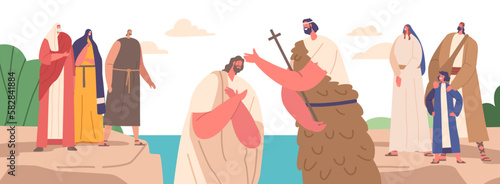 John The Baptist Baptizing Jesus In River With Crowd Watching. Significant Event In Christian History, Religious Concept