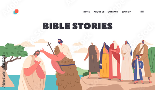 Bible Stories Landing Page Template. John The Baptist Baptizing Jesus In Jordan River Biblical Scene Vector Illustration