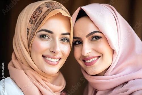 Beautiful Muslim women posing looking at camera. Close up face shot. Generative AI