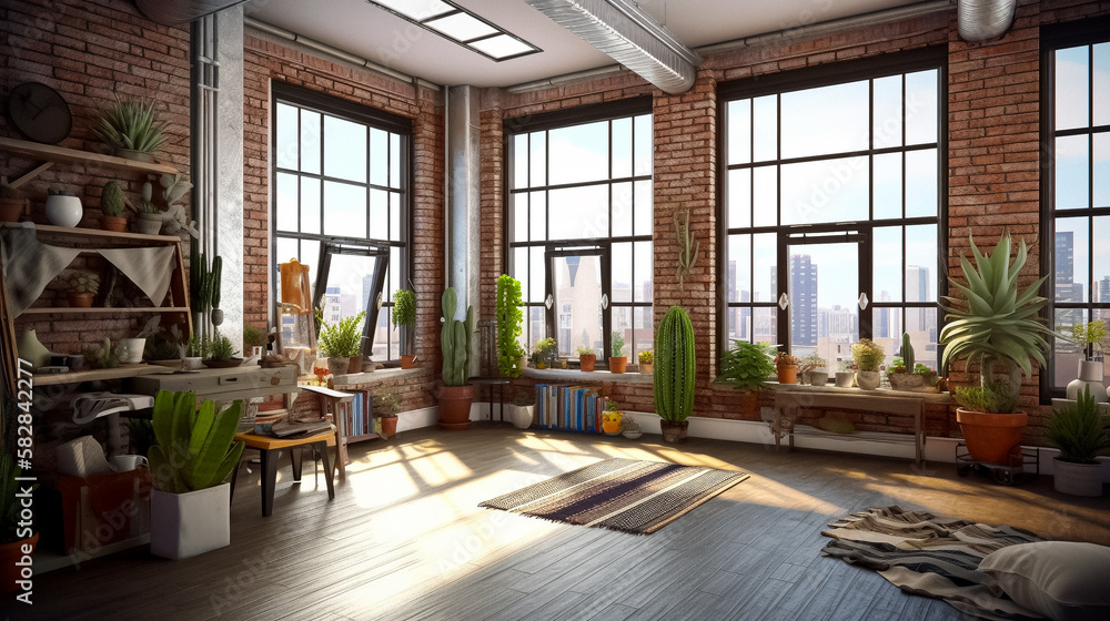 A downtown sunlit, open-concept living area with large windows, featuring cozy furniture made from sustainable materials, handwoven wool blankets, cotton cushions and complemented by plants. A downtown sunlit, open-concept living area with large windows, featuring cozy furniture made from sustainable materials, handwoven wool blankets, cotton cushions and complemented by plants.