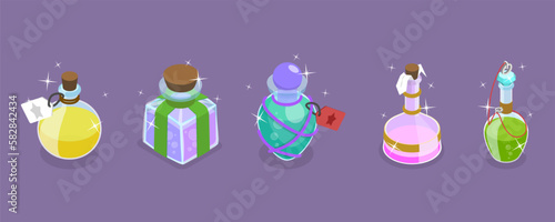 3D Isometric Flat Vector Set of Magic Potions, Bottles with Alchemist Elixir