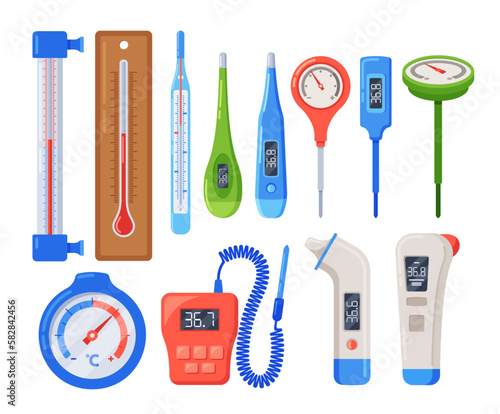 Set Thermometer Types, Digital, Infrared, Glass, Bimetallic, And Mercury Used To Measure Temperature In Various Settings