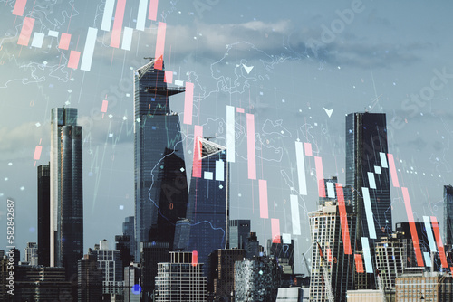 Double exposure of abstract virtual global crisis chart and world map hologram on New York city skyscrapers background. Financial crisis and recession concept
