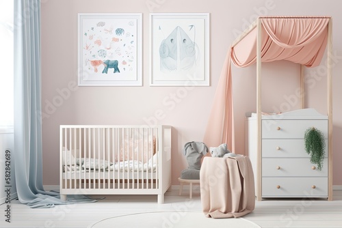 Interior of a child's bedroom featuring a cradle, toys, and a mock up of a poster. Actual image. Where to put your graphic. Generative AI © AkuAku