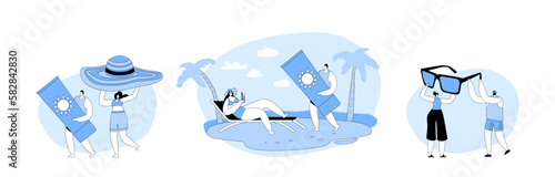 Set Summer Season, Vacation. Tiny People Carry Huge Tropical Hat and Glasses Enjoying Summertime Holidays
