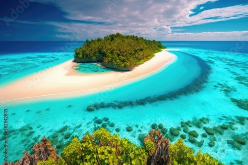 Amazing drone view of the beach and water with beautiful colors. Maldives paradise scenery water villas with amazing sea and lagoon beach, tropical nature. summer vacation.