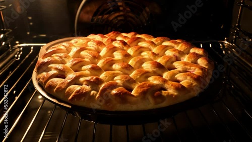 Tasty pie in oven. Timelapse of homemade pie baked. Baking concept. Delicious Apple Pie rising up in oven. Process of baking berry pie with apples baked in oven. 4K, UHD