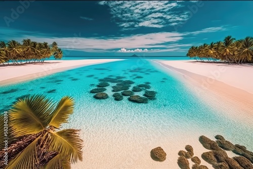 Amazing drone view of the beach and water with beautiful colors. Maldives paradise scenery water villas with amazing sea and lagoon beach, tropical nature. summer vacation.