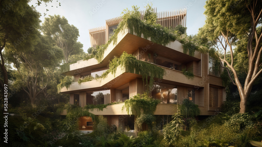 Modern architectural concept. Green spaces, environmental sustainability. generative AI Modern architectural concept. Green spaces, environmental sustainability. generative AI
