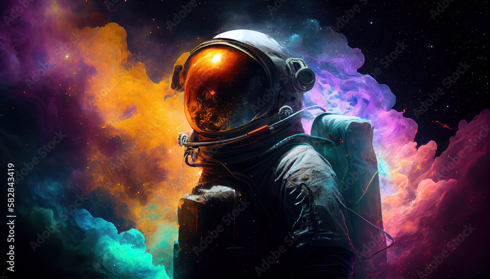 Picture of astronaut - man or woman in suit with helmet, cosmiec gas, ai generated